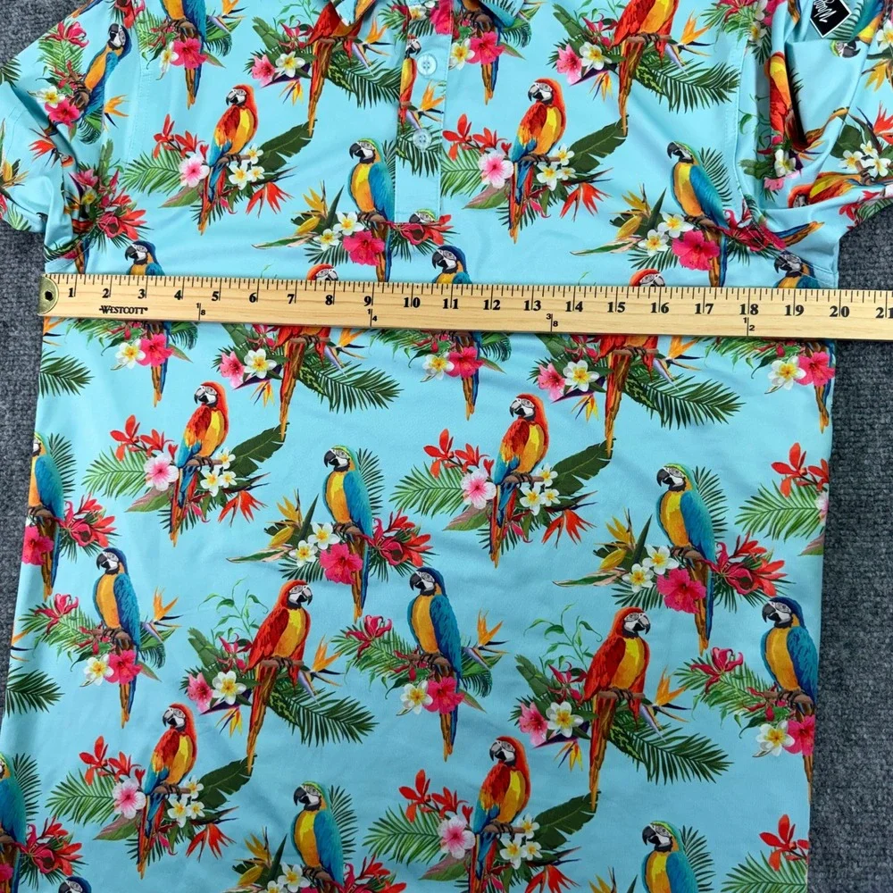 Waggle Polo Shirt Mens Medium Hawaiian Parrot Floral Print Performance Golf - Picture 6 of 8